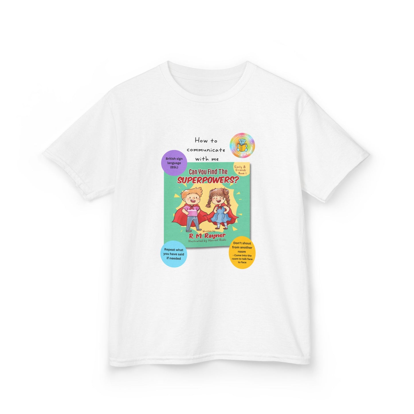 Kids t-shirt - Can you find the superpowers book alongside how to communicate with me