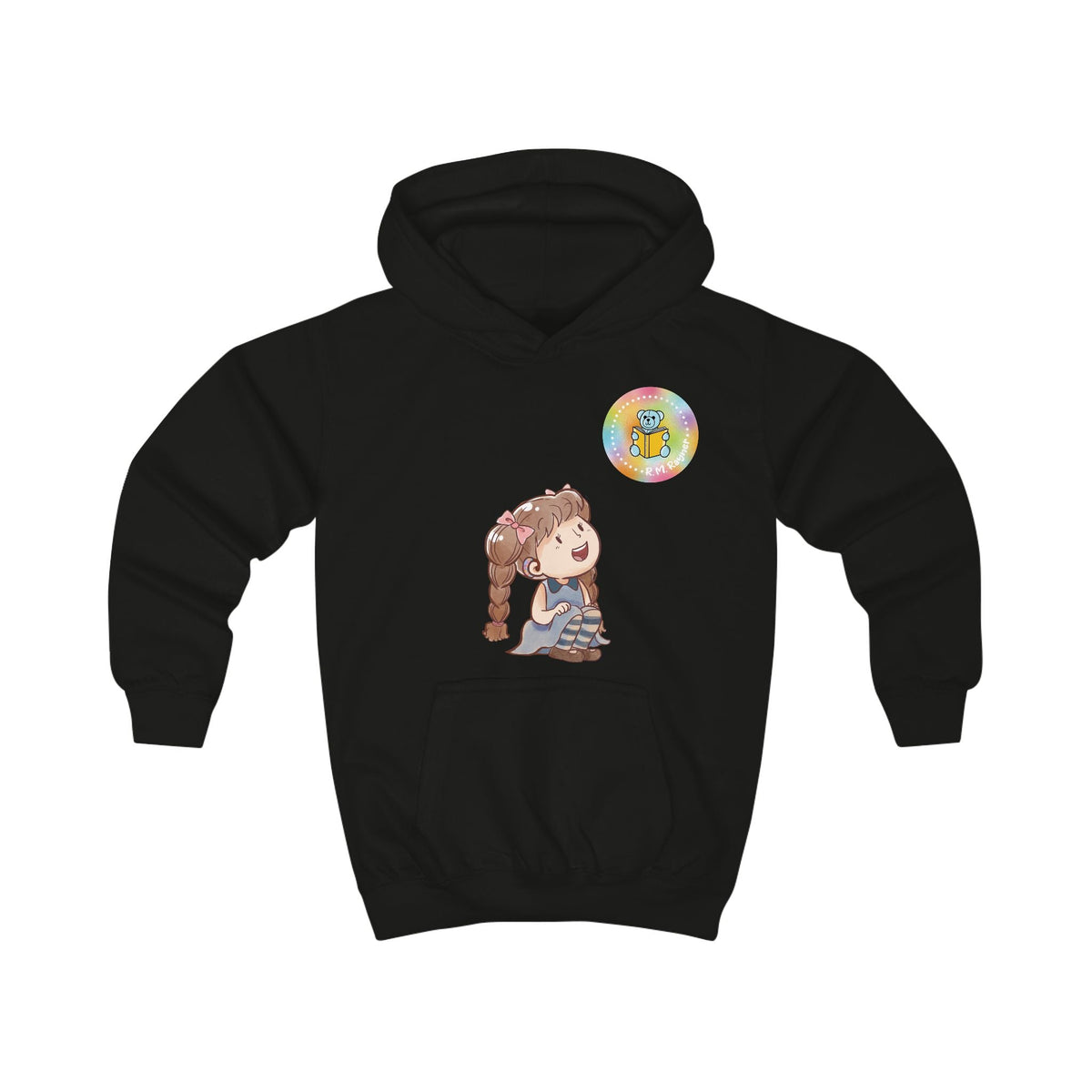 Black children’s hoodie featuring Emily from Emily & Friends with her hearing aid.