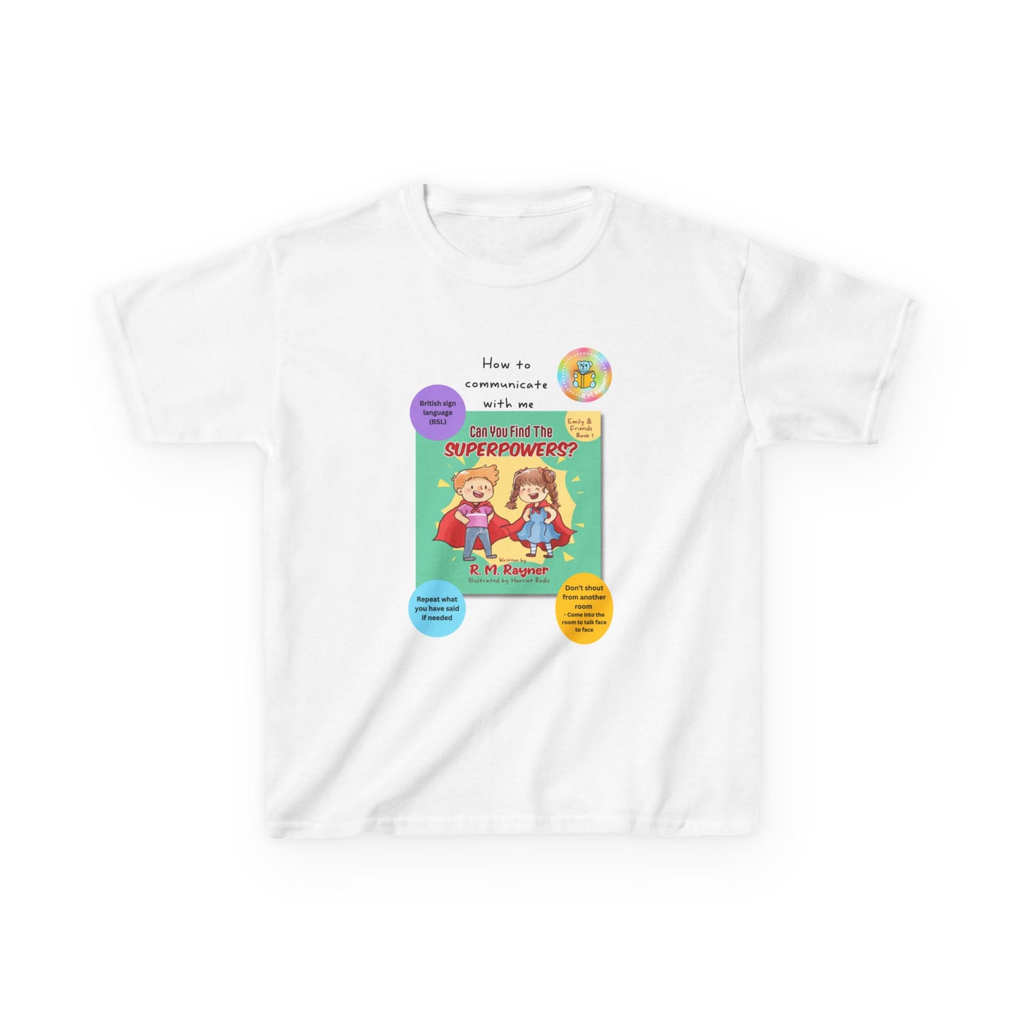 Kids t-shirt - Can you find the superpowers book alongside how to communicate with me
