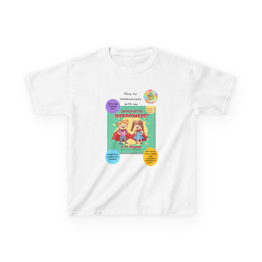 Kids t-shirt - Can you find the superpowers book alongside how to communicate with me