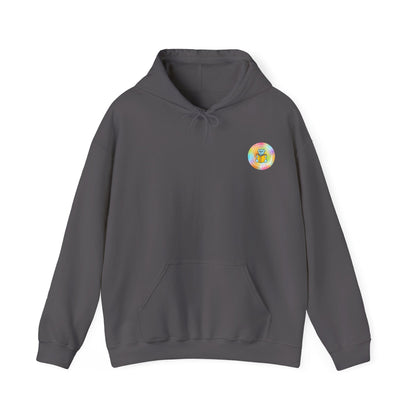 Charcoal adult hoodie showing the original colourful I Have a Disability back print.