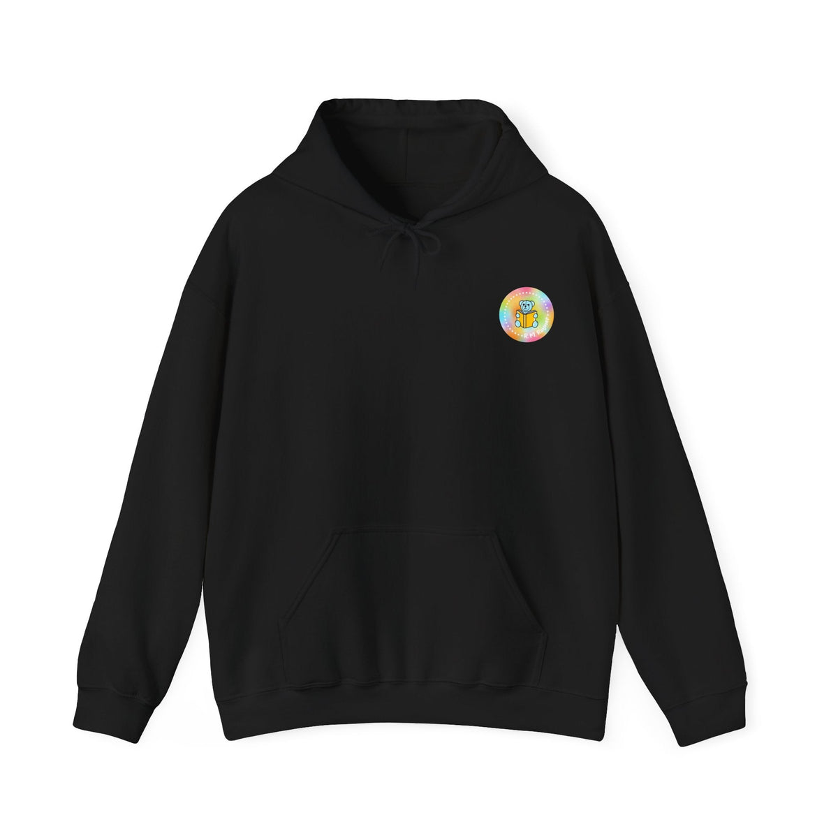 Black adult hoodie showing the original colourful I Have a Disability back print.