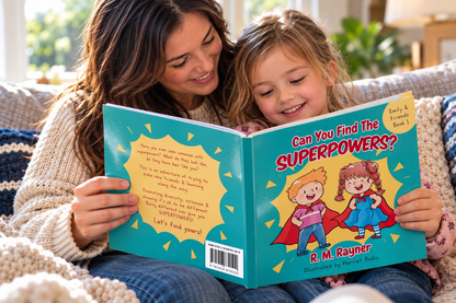 Parent and child reading Can You Find the SUPERPOWERS? together; the back cover displays ISBN 978-1-916879-10-2.