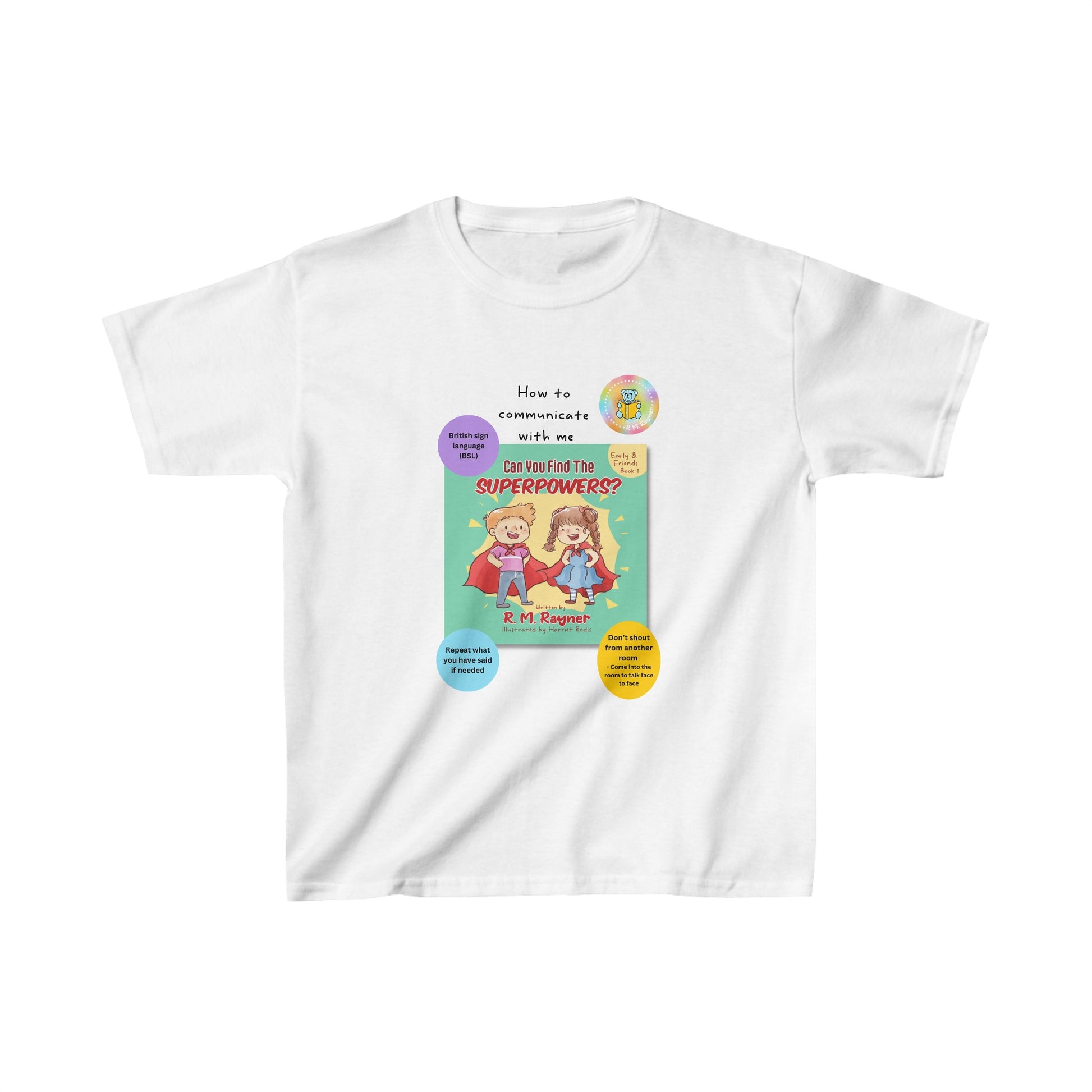 Kids t-shirt - Can you find the superpowers book alongside how to communicate with me - S, White image