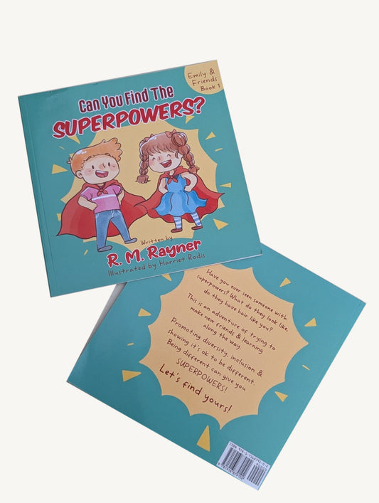 Front and back of the Emily & Friends paperback Can You Find the SUPERPOWERS?, showing Freddie and Emily in capes and the printed story blurb.